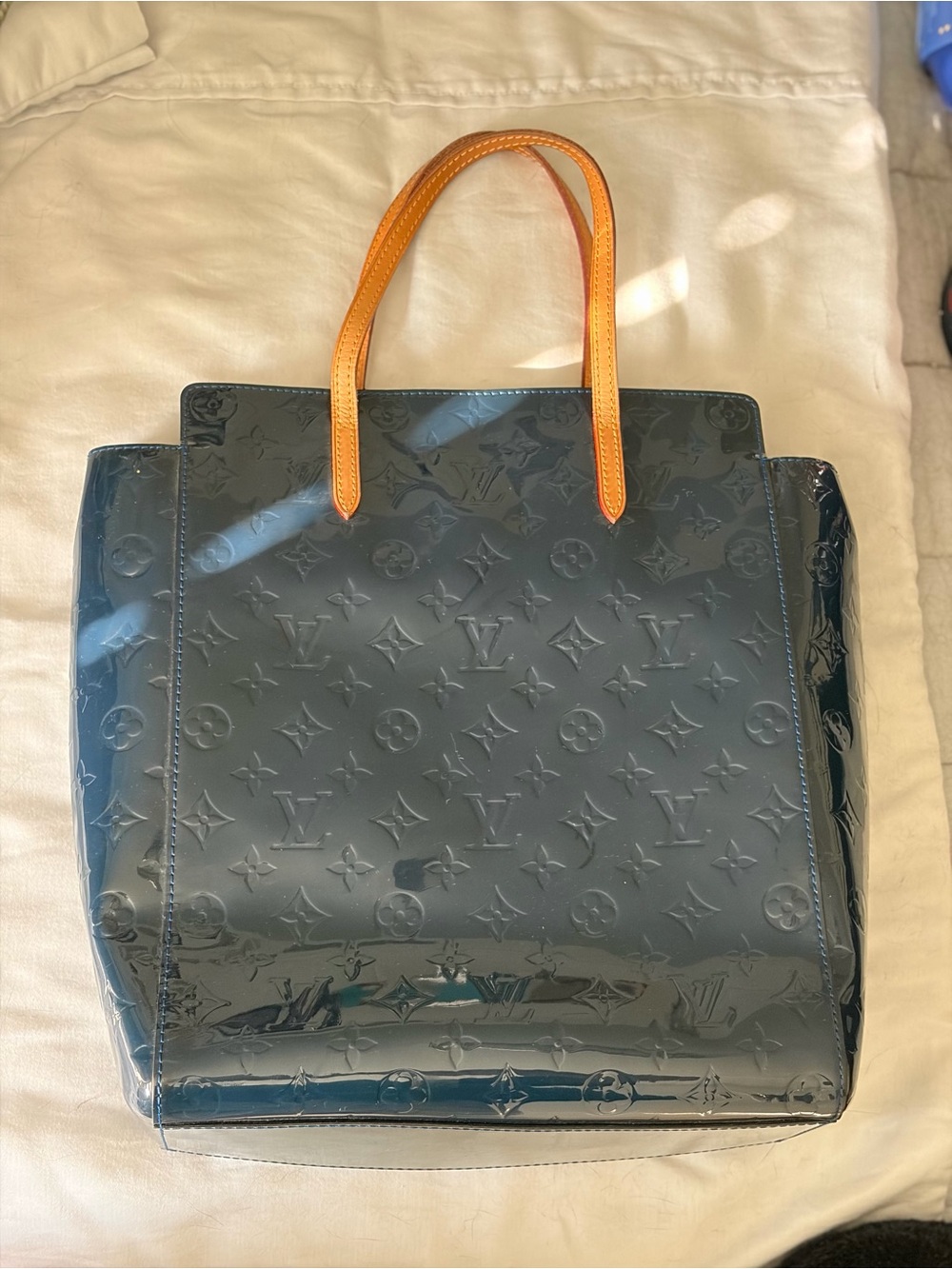 Louis Vuitton Patent Vernis Monogram Tote in Dark Blue with Tan Handles